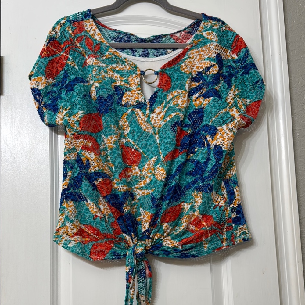 Hearts of Palms Colorful Women's Short Sleeve Top with Tie Front Detail